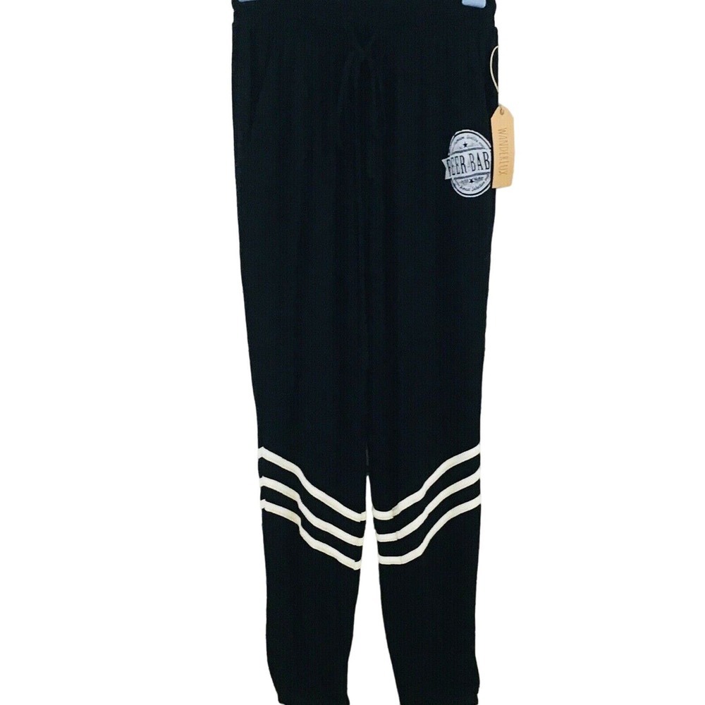 Womens XS WanderLux Beer Babe Graphic‎ Sweatpants Black White Joggers Drawstring